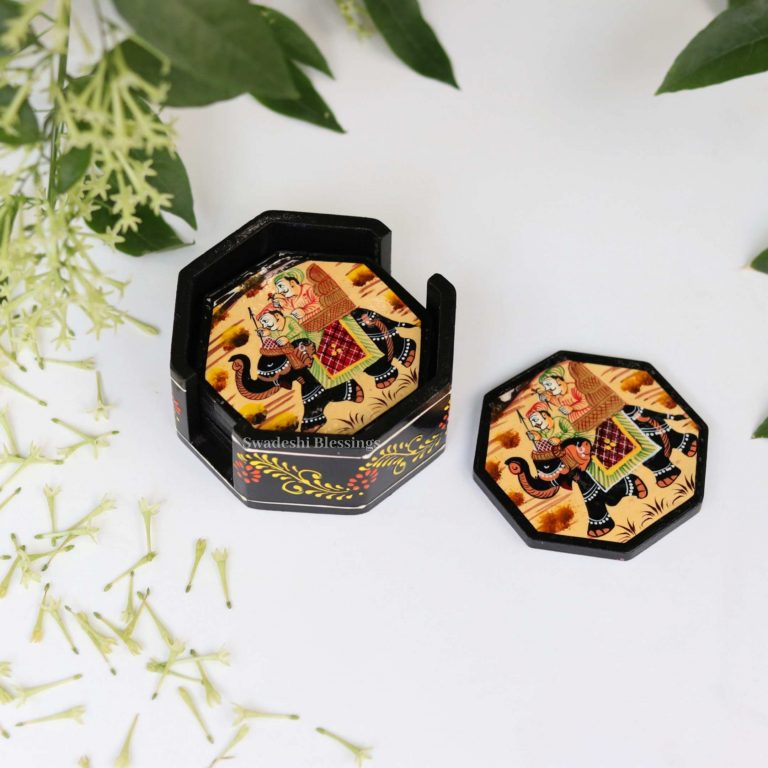 Wooden Octagonal Coffee/ Tea Coasters Set- Handcrafted & Hand-Painted for Kitchen/Table & Home Decor/Dinning/Living Room/Coffee Table (Set of 6) Combo
