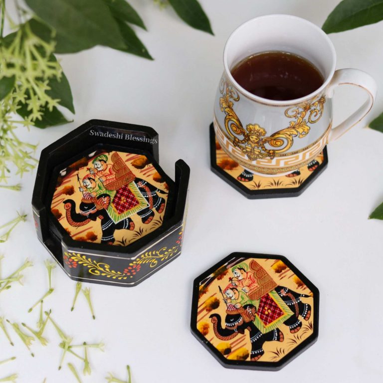 Wooden Octagonal Coffee/ Tea Coasters Set- Handcrafted & Hand-Painted for Kitchen/Table & Home Decor/Dinning/Living Room/Coffee Table (Set of 6) Combo