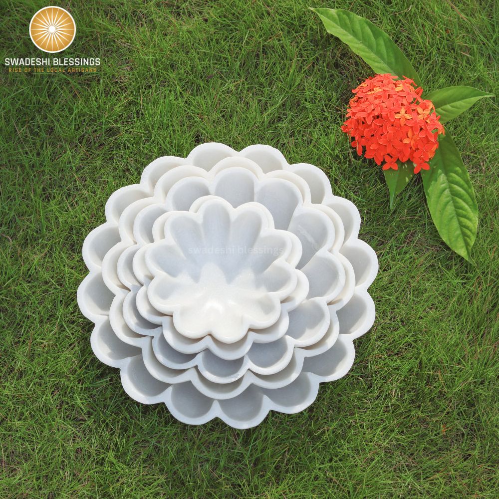 HandCrafted Marble Large Decorative Bowl | White Decorative Bowls for Home Decor | Ruffle Bowl | Scalloped Bowl | Fluted Bowl | Key/Fruit Bowl | Ring Dish | Organic Modern Home Decor Bowl |6-12Inches