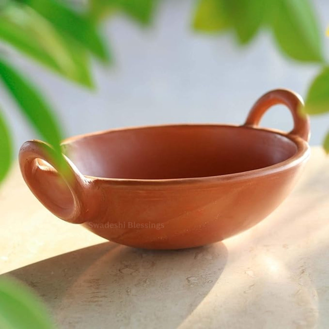 Unglazed Clay Handi / Earthen Kadai / Clay Kadai Combo for Cooking & Serving – 1.8L Black & 1.8L Red (Natural Firing Shade & Mirror Shine) + FREE Ash for Cleaning