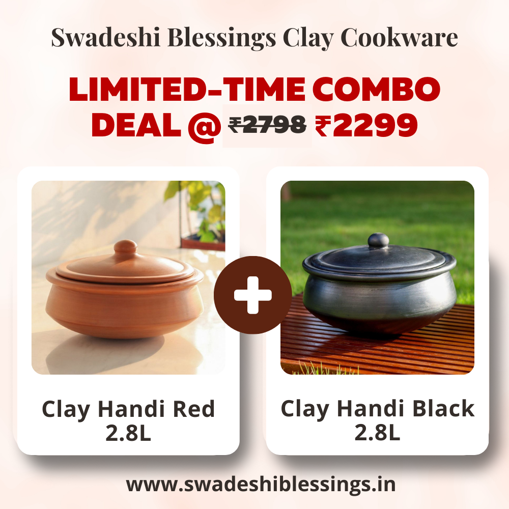 Unglazed Clay Handi / Earthen Kadai / Clay Pots Combo for Cooking & Serving with Lids – 2.8L Black & 2.8L Red (Natural Firing Shade & Mirror Shine) + FREE Ash for Cleaning
