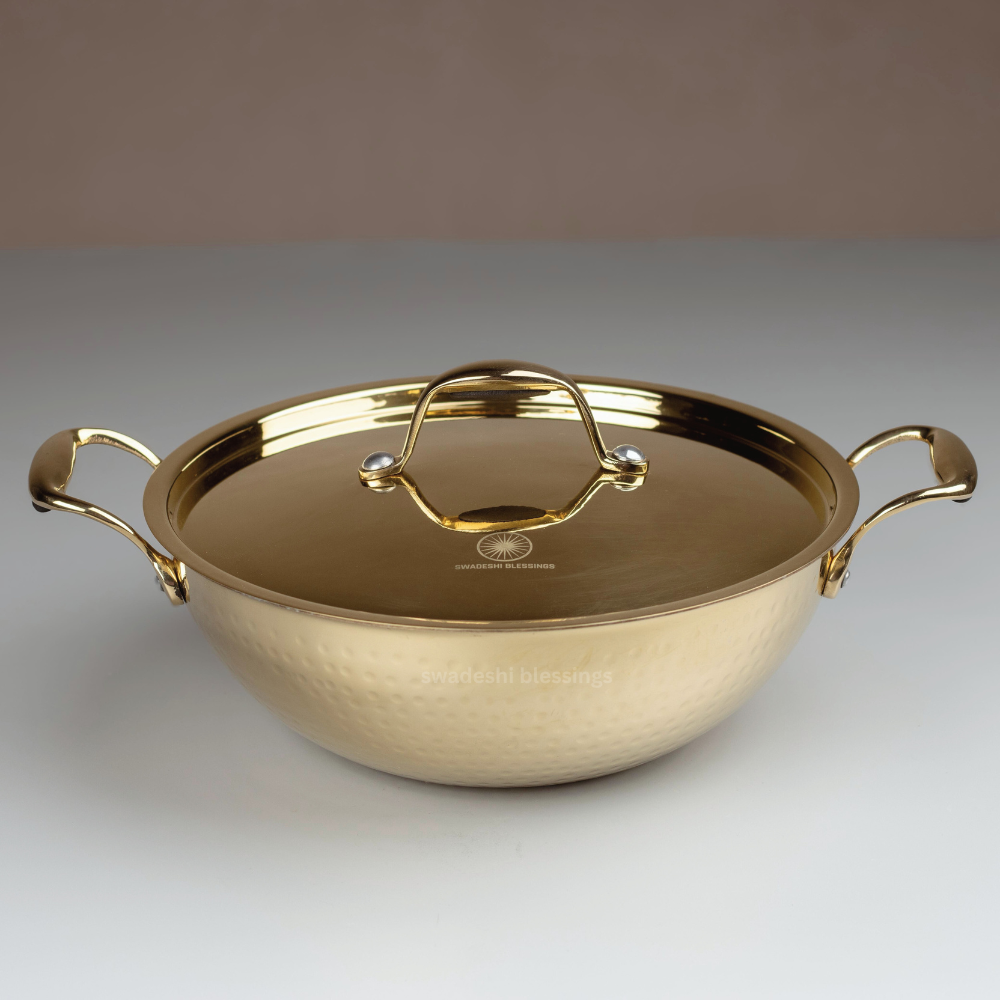 Swadeshi Blessings Exclusive Range Brass Kadai for Cooking, with Lid/Teflon-Free/Naturally Non-Stick Brass Utensils with Tin Coating