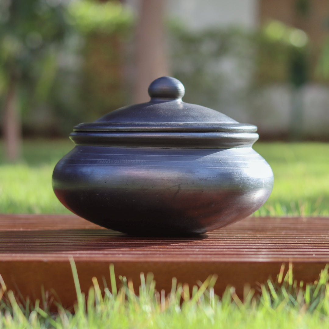 Unglazed Earthen Dahi Handi/ Handmade Curd Pot/ Clay Pot with Lid Also for Serving (with Natural White Firing Shade & Mirror Shine) + Free ASH for Cleaning (Traditional-1Ltr)