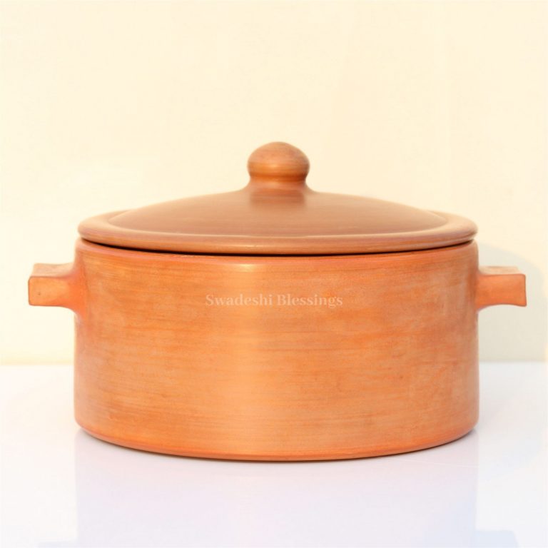 Swadeshi Blessings Exclusive Range Unglazed Clay Handi/Hot Case/Earthen Kadai/Clay Pots Combo For Cooking & Serving With Lid, 2.8Liters Each (With Natural Firing Shade )+FREE ASH For Cleaning