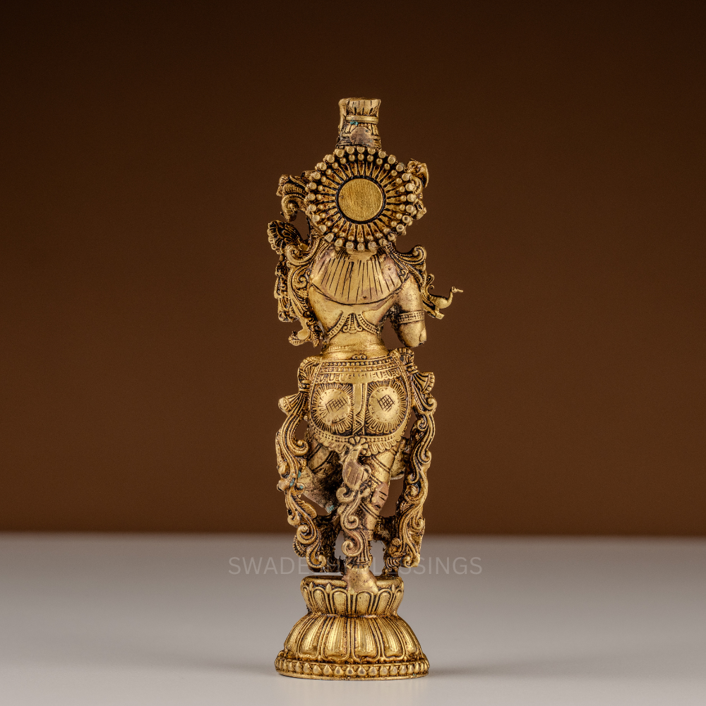 Pure Brass Krishna Murti / Flute Playing Krishna Statue - 6 Inch