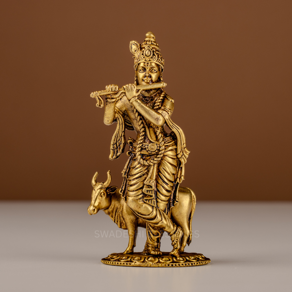 Pure Brass Krishna Murti / Flute Playing Krishna with Cow Statue - 4.75 Inch