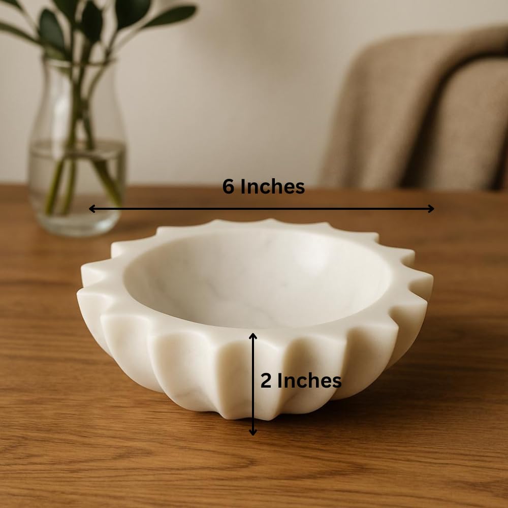 HandCrafted White Marble Decorative Bowl | Ruffle Bowl for Home Decor | Scalloped Bowl | Fluted Bowl | Organic Modern Home Decor Bowl