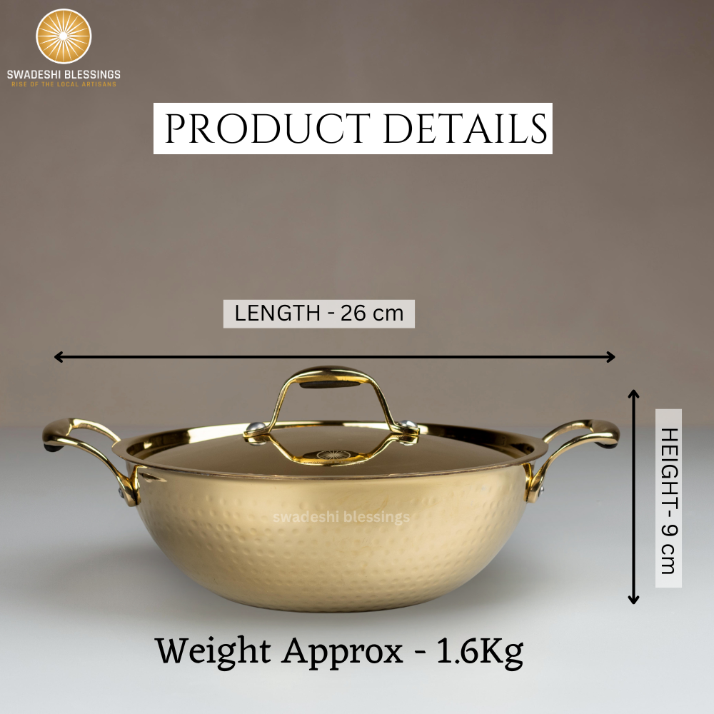 Swadeshi Blessings Exclusive Range Brass Kadai for Cooking, with Lid/Teflon-Free/Naturally Non-Stick Brass Utensils with Tin Coating