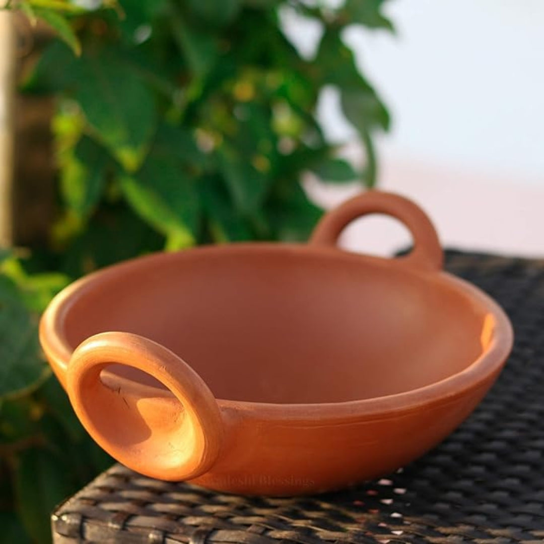 Unglazed Clay Handi / Earthen Kadai / Clay Kadai Combo for Cooking & Serving – 1.8L Black & 1.8L Red (Natural Firing Shade & Mirror Shine) + FREE Ash for Cleaning