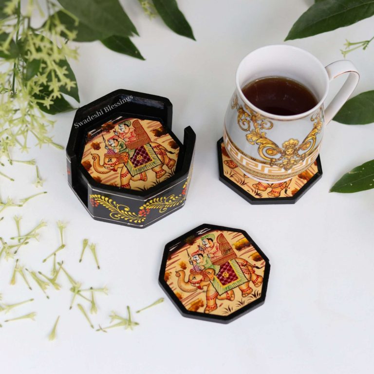 Wooden Octagonal Coffee/ Tea Coasters Set- Handcrafted & Hand-Painted for Kitchen/Table & Home Decor/Dinning/Living Room/Coffee Table (Set of 6) Combo