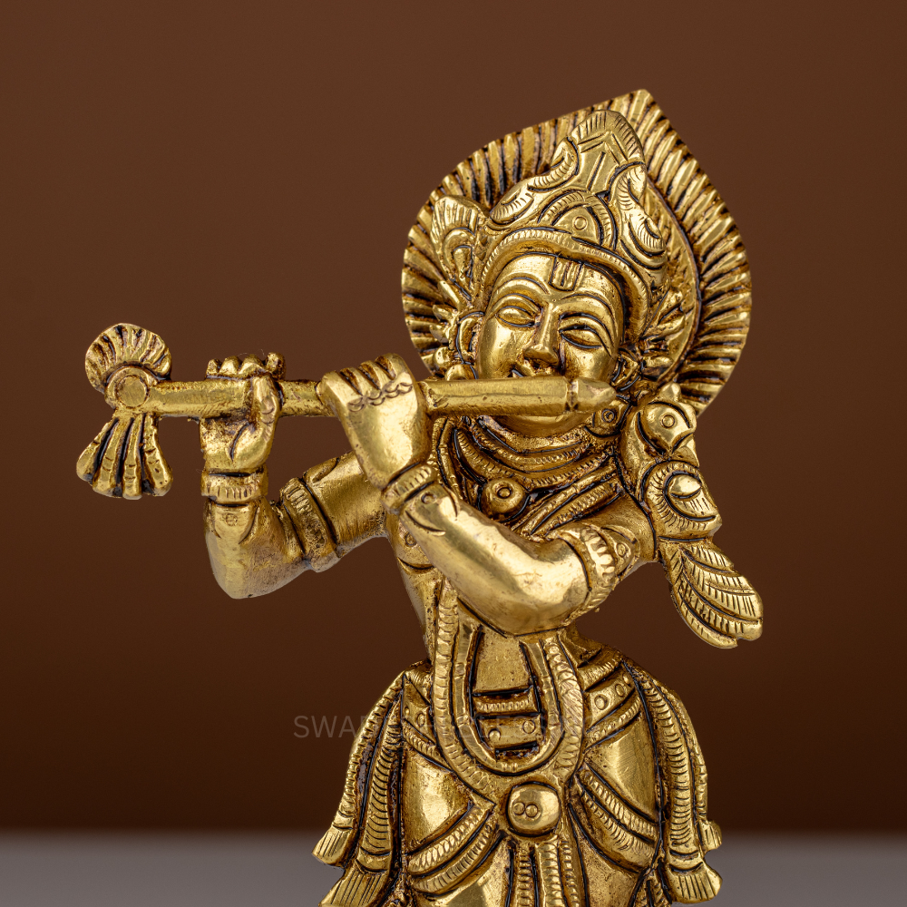 Pure Brass Krishna Murti / Flute Playing Krishna Statue - 6.5 Inch
