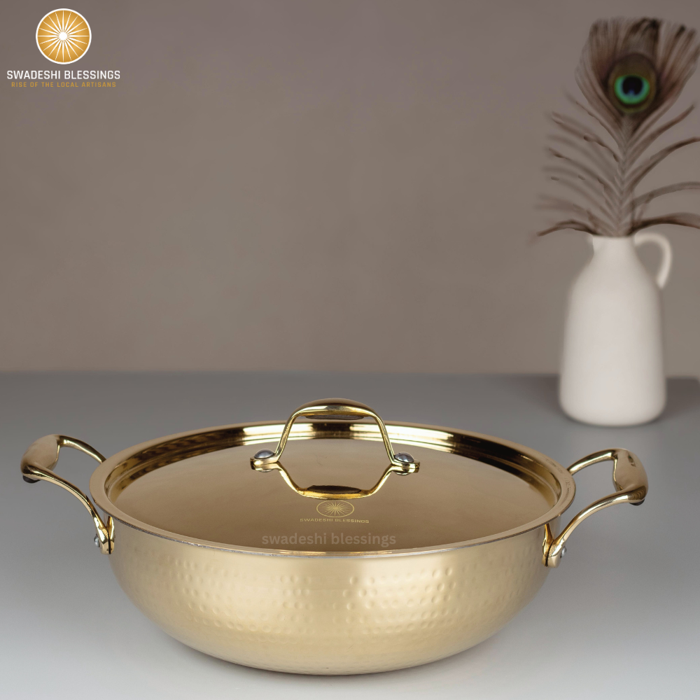 Swadeshi Blessings Exclusive Range Brass Kadai for Cooking, with Lid/Teflon-Free/Naturally Non-Stick Brass Utensils with Tin Coating