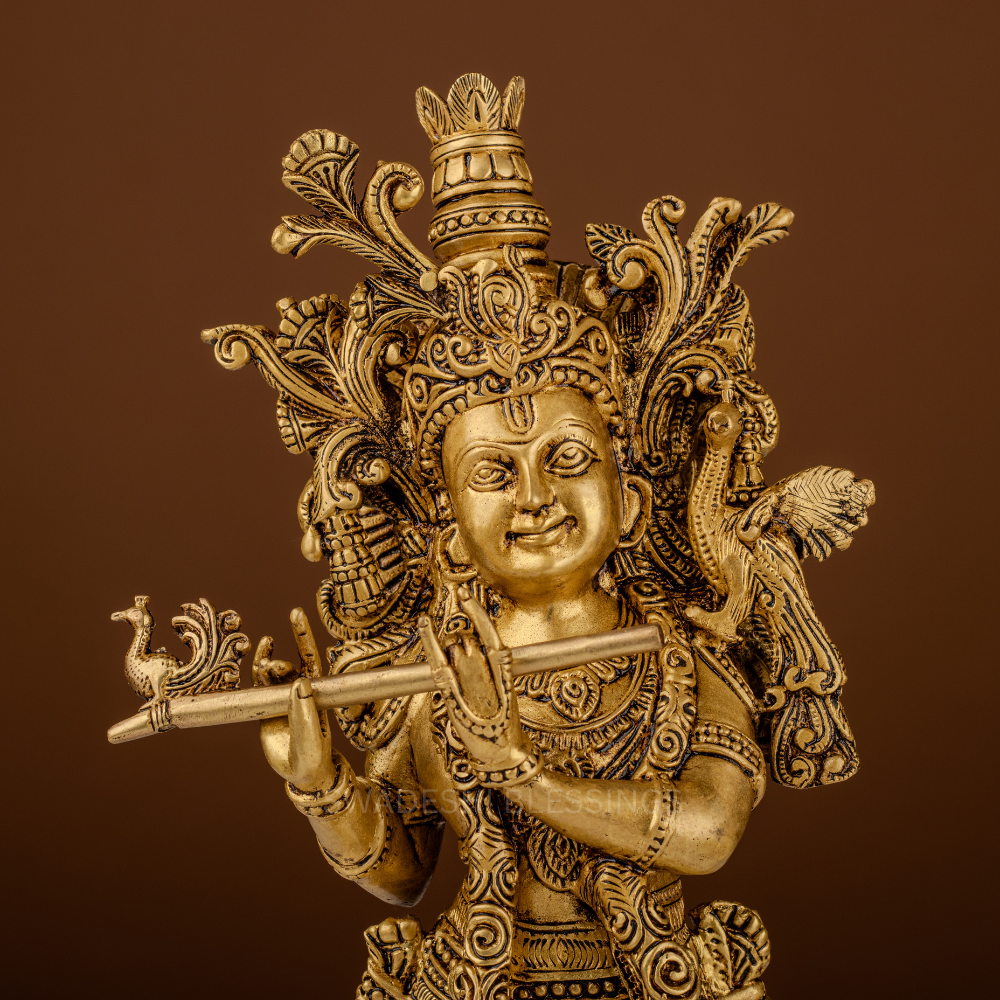 Pure Brass Krishna Murti / Flute Playing Krishna Statue - 15.5 Inch