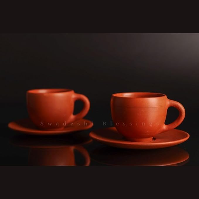 SWADESHI BLESSINGS Exclusive Range Handmade Unglazed Royal Clay Tea Cup with Saucer Set/Kulhad Tea & Coffee Cups, 180ml/ Antique Terracotta Cup and Saucer Set of 2