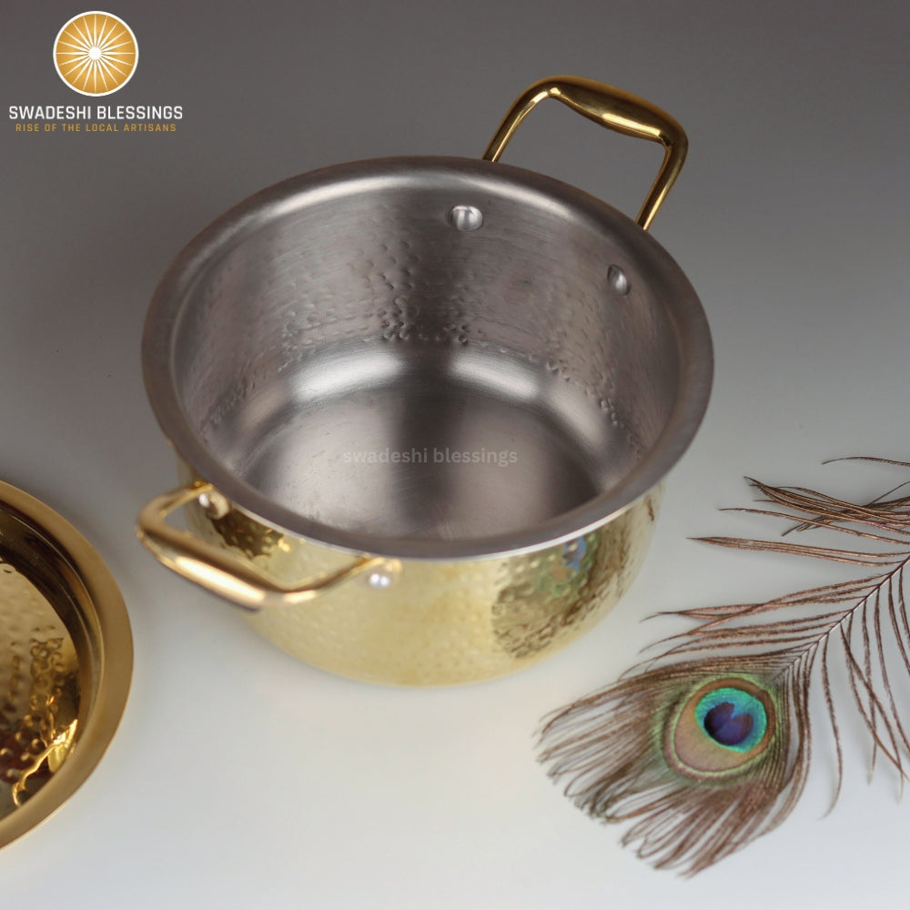 Swadeshi Blessings Exclusive Range Brass Bhagona for Cooking, with Lid/Teflon-Free/Naturally Non-Stick Brass Utensils with Tin Coating