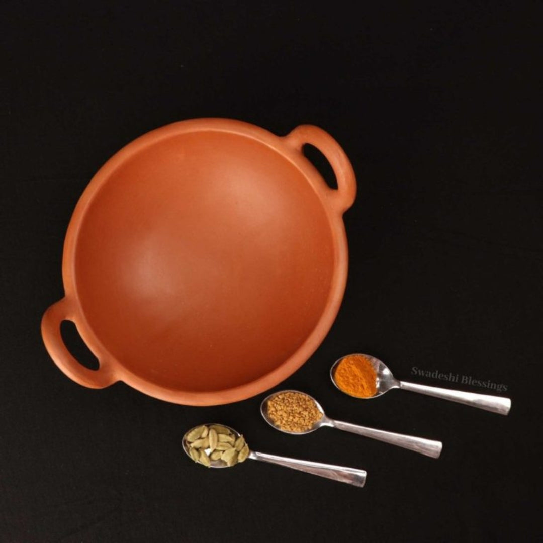 Unglazed Clay Handi / Earthen Kadai / Clay Kadai Combo for Cooking & Serving – 1.8L Black & 1.8L Red (Natural Firing Shade & Mirror Shine) + FREE Ash for Cleaning