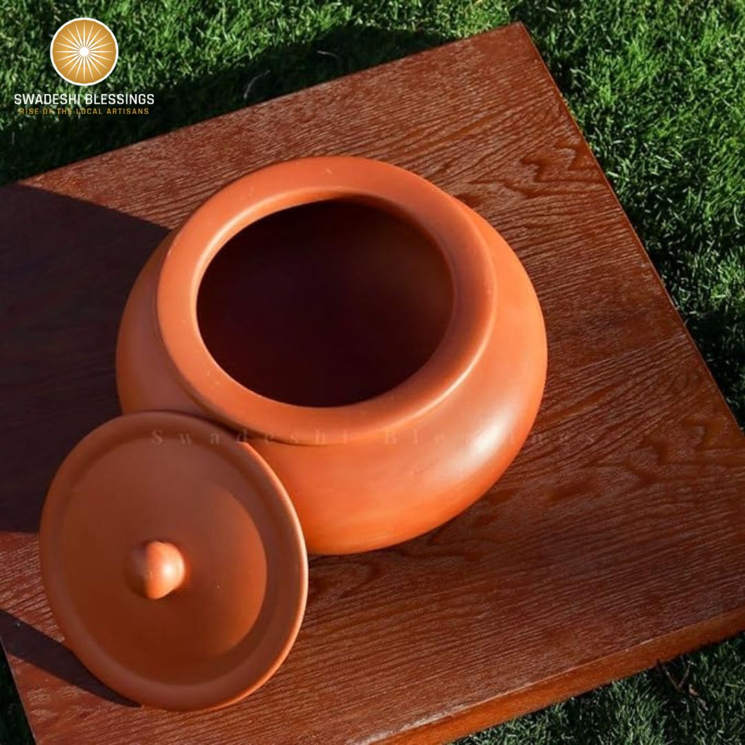 Unglazed Clay Handi/ Handmade Clay Pot for Cooking & Serving with Lid/ Biryani Clay Cookware/ Earthenware Large/ Earthen Kadai(with Natural Mirror Shine) +Free ASH for Cleaning