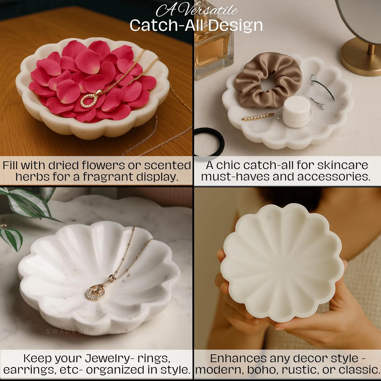 Handcrafted Marble Jewelry Tray, Decorative Trinket Dish for Rings Earrings Necklace Bracelet, Key Bowl, Ideal Gift for Mother Sister Daughter Friends, Birthday Wedding Christmas 5 inches