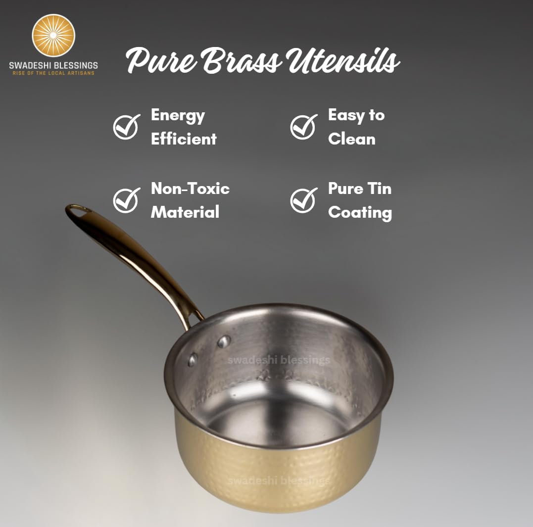 Swadeshi Blessings Exclusive Range Brass Sauce Pan for Cooking, without Lid/Teflon-Free/Naturally Non-Stick Brass Utensils with Tin Coating