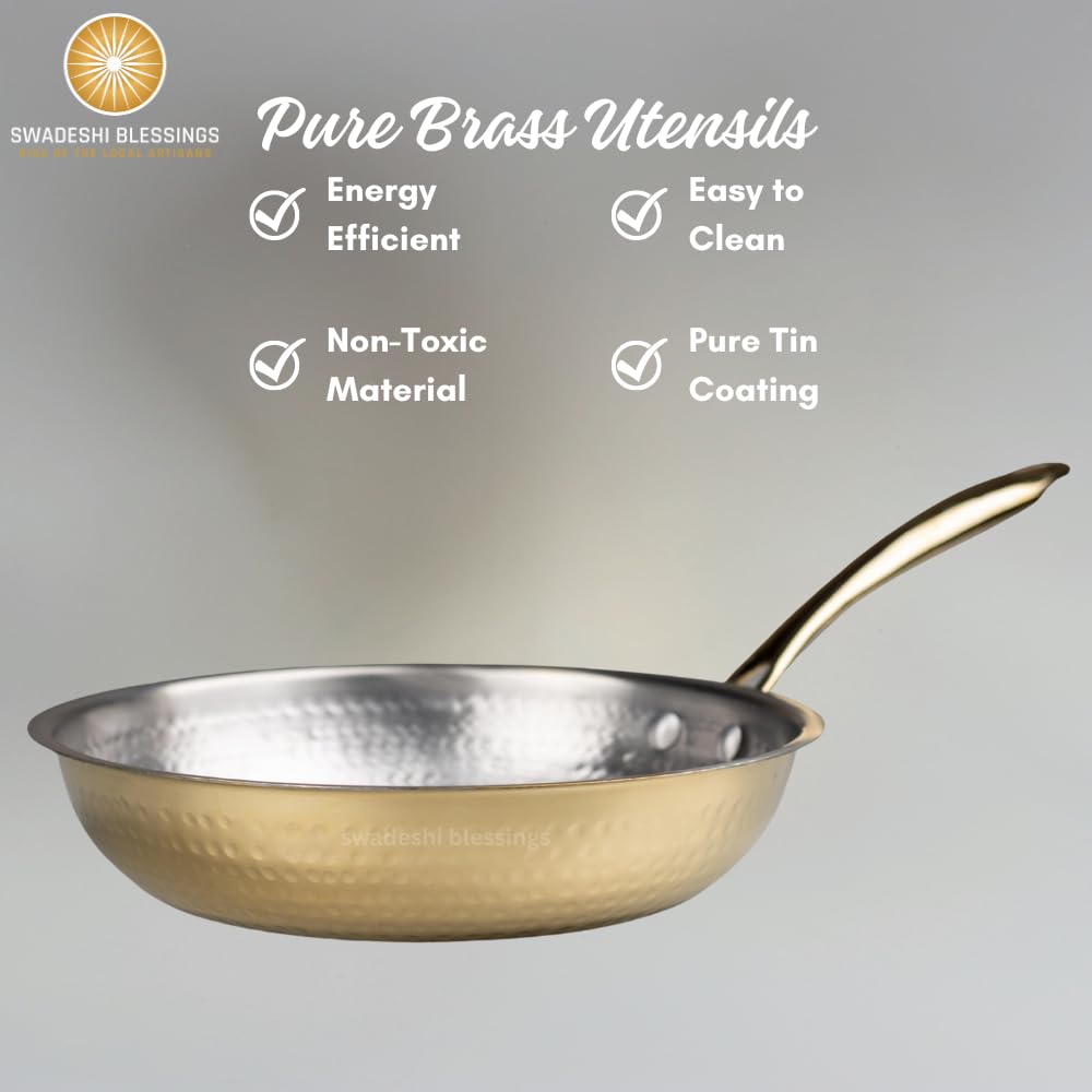Swadeshi Blessings Exclusive Range Brass Frying Pan for Cooking, without Lid/Teflon-Free/Naturally Non-Stick Brass Utensils with Tin Coating