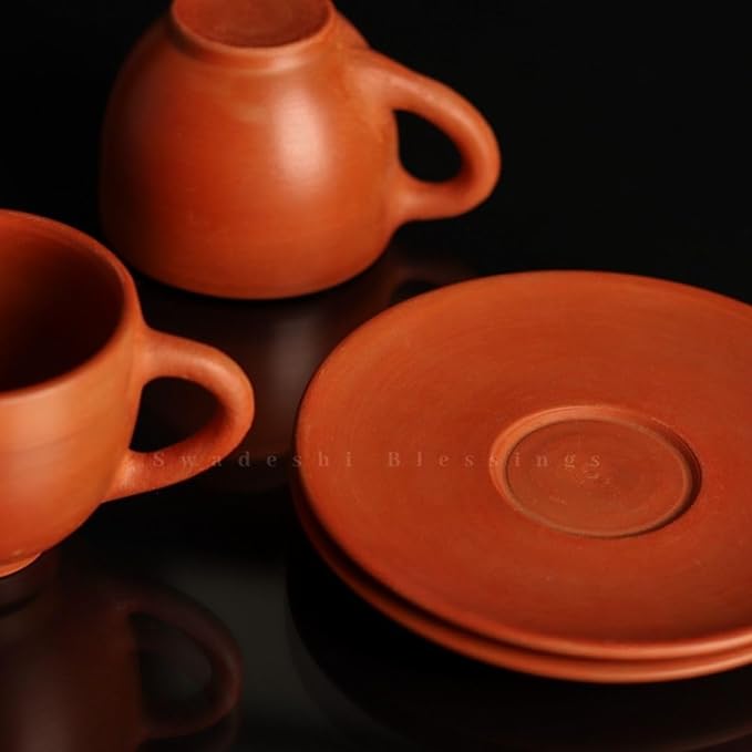 SWADESHI BLESSINGS Exclusive Range Handmade Unglazed Royal Clay Tea Cup with Saucer Set/Kulhad Tea & Coffee Cups, 180ml/ Antique Terracotta Cup and Saucer Set of 2