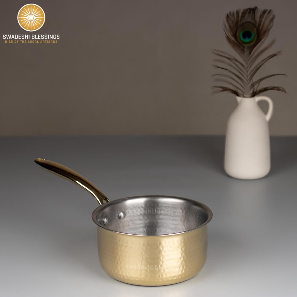 Swadeshi Blessings Exclusive Range Brass Sauce Pan for Cooking, without Lid/Teflon-Free/Naturally Non-Stick Brass Utensils with Tin Coating