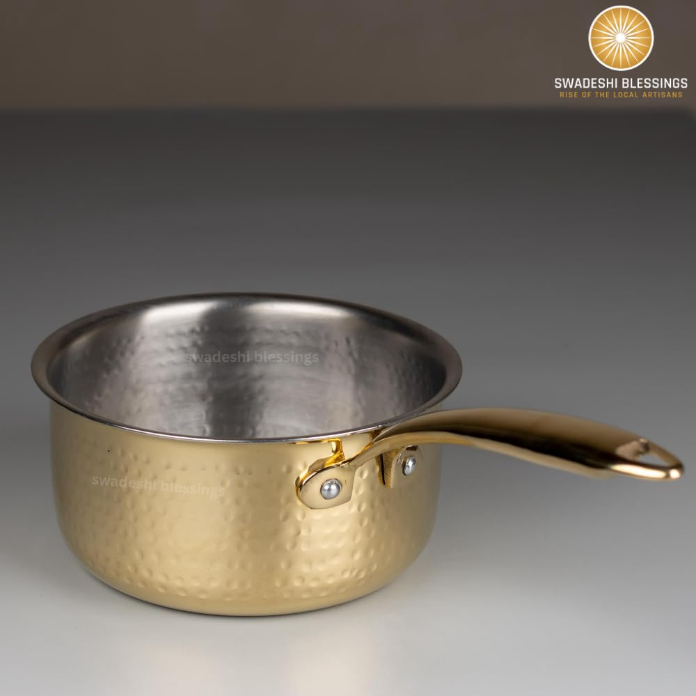 Swadeshi Blessings Exclusive Range Brass Sauce Pan for Cooking, without Lid/Teflon-Free/Naturally Non-Stick Brass Utensils with Tin Coating