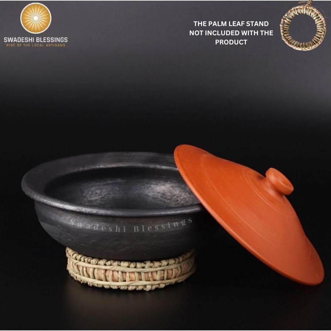 Swadeshi Blessings Exclusive Range Unglazed Earthen Pots/Clay Kadai for Cooking & Serving with Lid, (Stone Polished for Mirror Finish) + Free ASH for Cleaning (2 Liters)