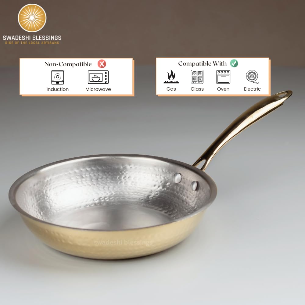 Swadeshi Blessings Exclusive Range Brass Frying Pan for Cooking, without Lid/Teflon-Free/Naturally Non-Stick Brass Utensils with Tin Coating