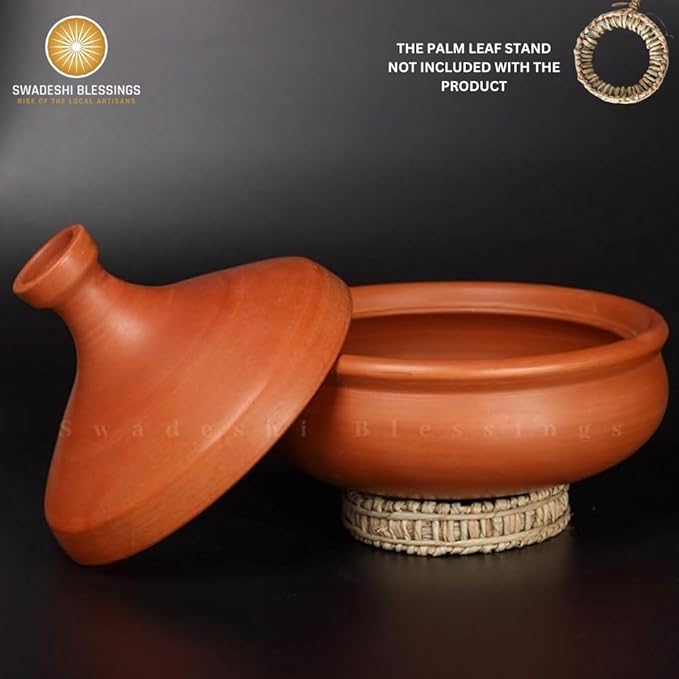 Unglazed Clay Tajine/ Handmade Earthen Tajine/ Clay Pot For Cooking & Serving with Lid, 2.8Liters (With Natural White Firing Shade & Mirror Shine) + FREE ASH For Cleaning