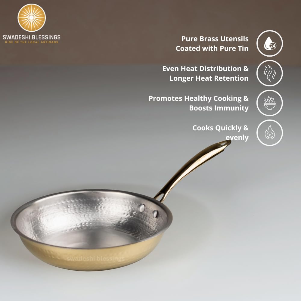 Swadeshi Blessings Exclusive Range Brass Frying Pan for Cooking, without Lid/Teflon-Free/Naturally Non-Stick Brass Utensils with Tin Coating