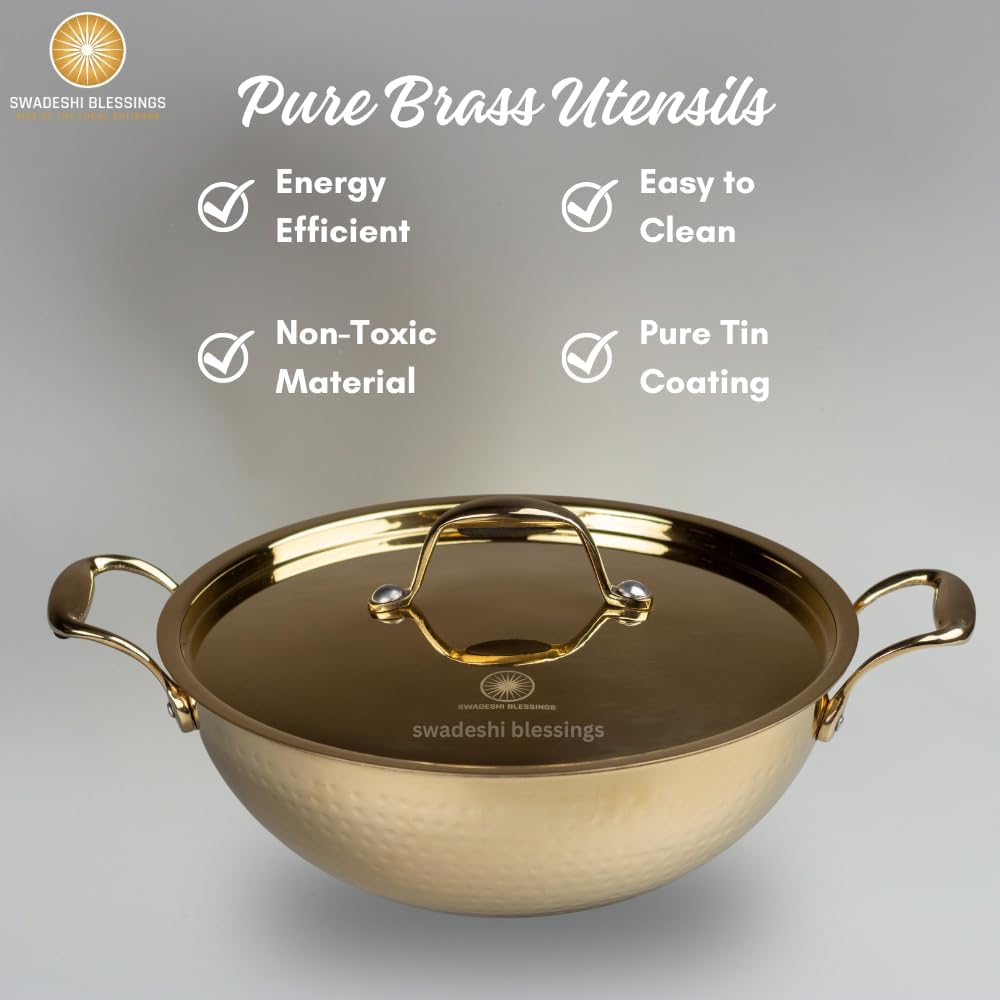 Swadeshi Blessings Exclusive Range Brass Kadai for Cooking, with Lid/Teflon-Free/Naturally Non-Stick Brass Utensils with Tin Coating