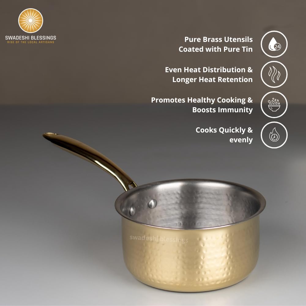Swadeshi Blessings Exclusive Range Brass Sauce Pan for Cooking, without Lid/Teflon-Free/Naturally Non-Stick Brass Utensils with Tin Coating