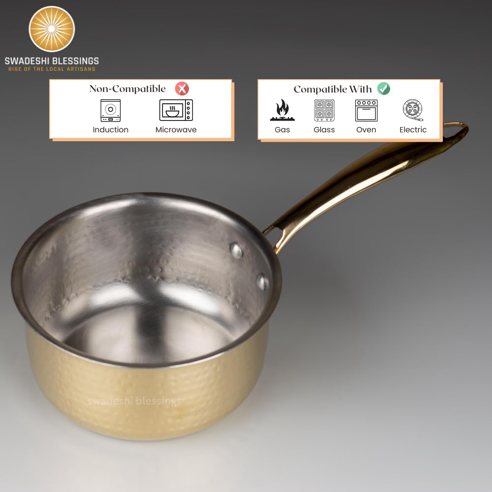 Swadeshi Blessings Exclusive Range Brass Sauce Pan for Cooking, without Lid/Teflon-Free/Naturally Non-Stick Brass Utensils with Tin Coating