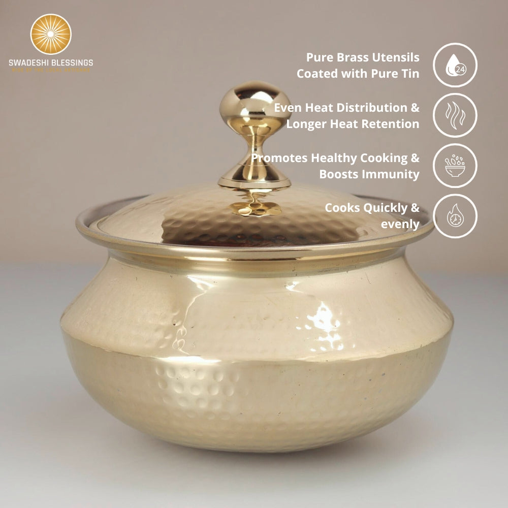 Swadeshi Blessings Exclusive Range Brass Pot for Cooking, with Lid/Teflon-Free/Naturally Non-Stick Brass Utensils with Tin Coating