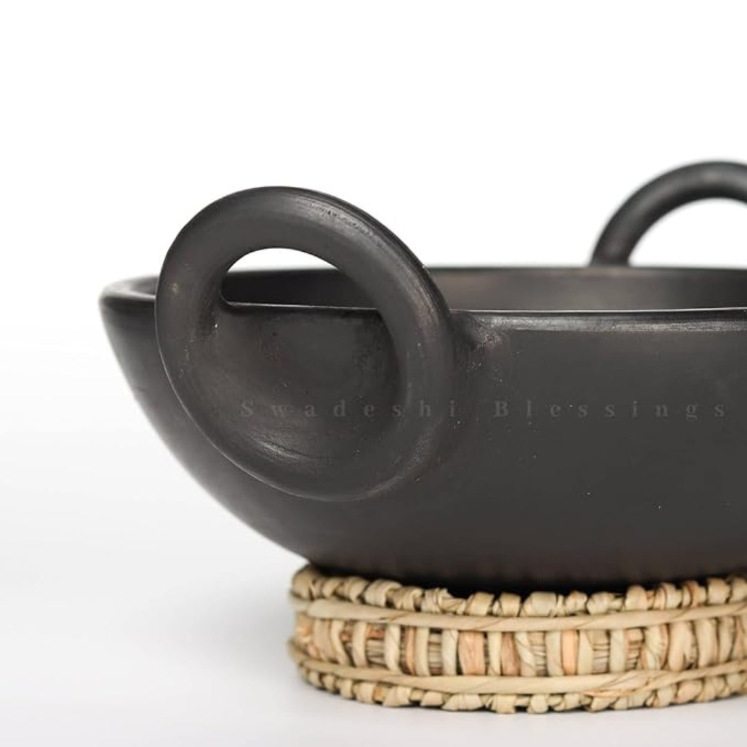 Unglazed Clay Handi / Earthen Kadai / Clay Kadai Combo for Cooking & Serving – 1.8L Black & 1.8L Red (Natural Firing Shade & Mirror Shine) + FREE Ash for Cleaning