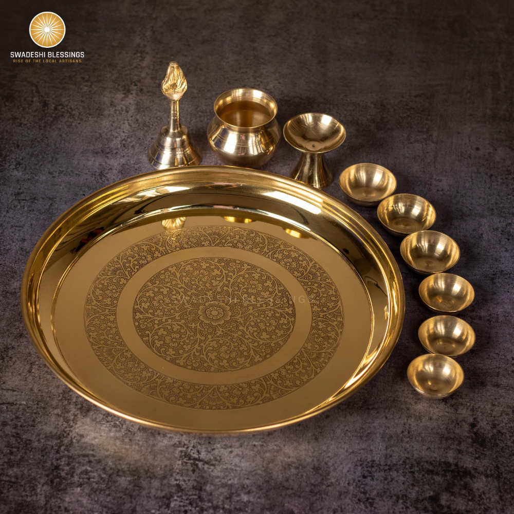 SWADESHI BLESSINGS Vintage Brass Pooja Thali Set-12Inch(10Pcs)/Indian Puja Thali Set/Aarti Thali/Temple Decor/Pooja Decoration/Return Gifts/HouseWarming Gifts