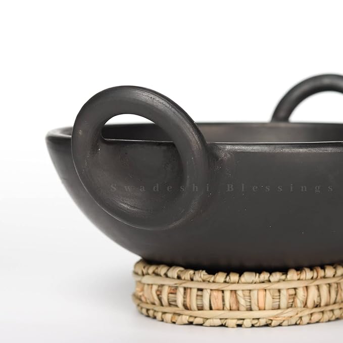 Unglazed Clay Kadai/ Mitti ka Bartan/ Handmade Earthen Kadai for Cooking, 1.8Liters (with Natural Firing Shade & Mirror Shine) + Free ASH for Cleaning