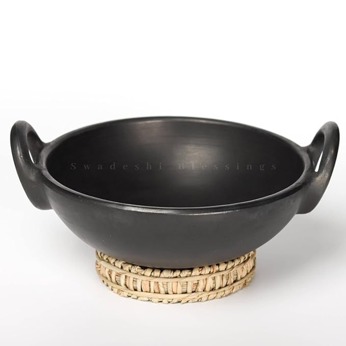 Unglazed Clay Kadai/ Mitti ka Bartan/ Handmade Earthen Kadai for Cooking, 1.8Liters (with Natural Firing Shade & Mirror Shine) + Free ASH for Cleaning