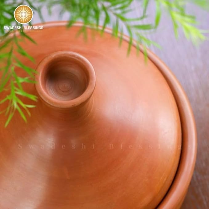 Unglazed Clay Tajine/ Handmade Earthen Tajine/ Clay Pot For Cooking & Serving with Lid, 2.8Liters (With Natural White Firing Shade & Mirror Shine) + FREE ASH For Cleaning