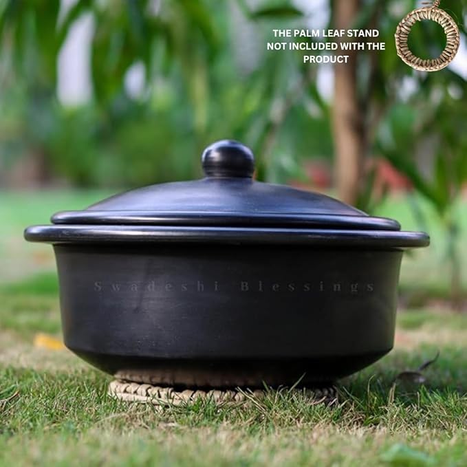Unglazed Clay Handi/ Handmade Earthen Kadai/ Mitti Bhagona / Clay Pot For Cooking & Serving with Lid, 2.5Liters (With Natural White Firing Shade & Mirror Shine)