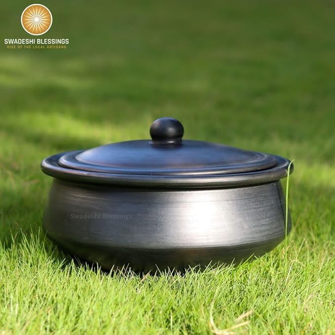 Unglazed Clay Handi/ Handmade Earthen Kadai/ Clay Pot For Cooking & Serving with Lid, 2.8Liters (With Natural White Firing Shade & Mirror Shine) + FREE ASH For Cleaning