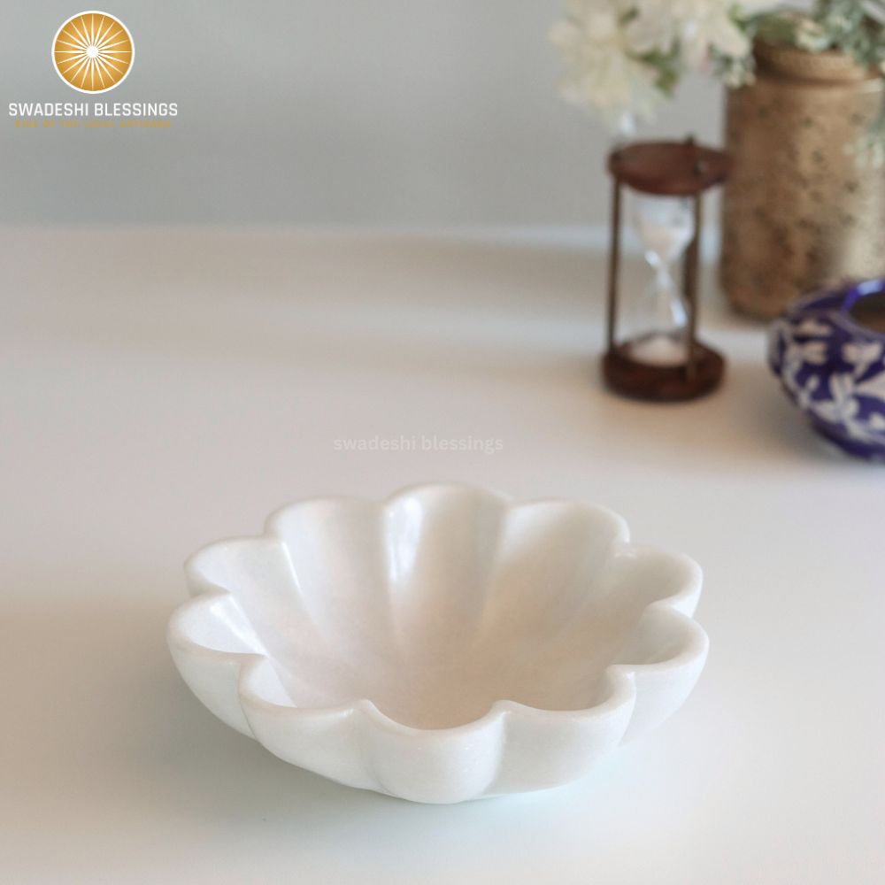 HandCrafted Marble Large Decorative Bowl | White Decorative Bowls for Home Decor | Ruffle Bowl | Scalloped Bowl | Fluted Bowl | Key/Fruit Bowl | Ring Dish | Organic Modern Home Decor Bowl |6-12Inches