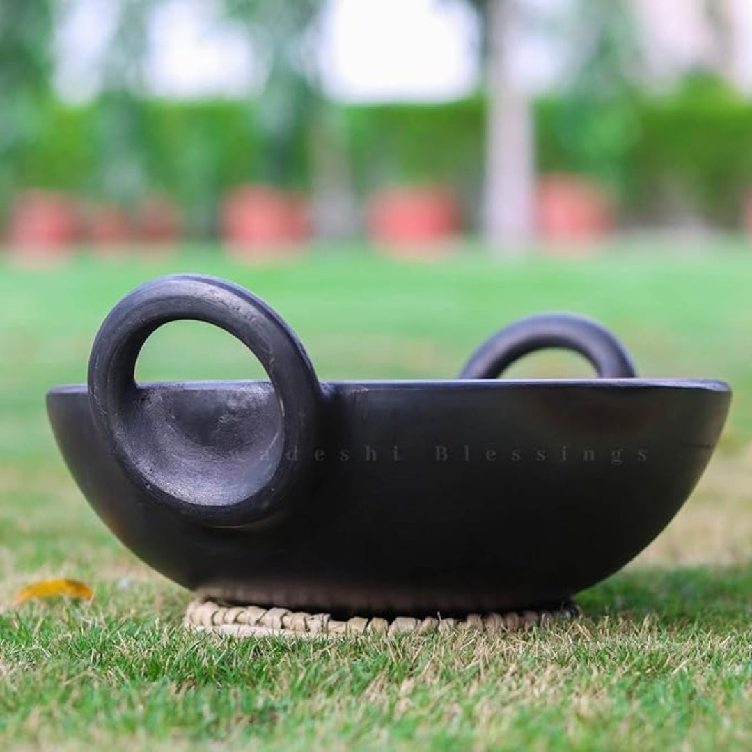 Unglazed Clay Handi / Earthen Kadai / Clay Kadai Combo for Cooking & Serving – 1.8L Black & 1.8L Red (Natural Firing Shade & Mirror Shine) + FREE Ash for Cleaning