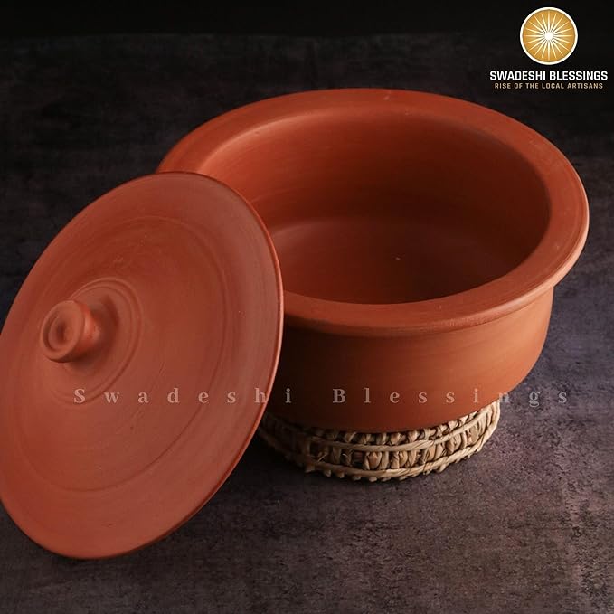 Unglazed Clay Handi/ Handmade Earthen Kadai/ Mud Handi/ Mitti Ke Bartan/ Clay Pot for Cooking & Serving with Lid, (with Mirror Shine) + Free ASH for Cleaning