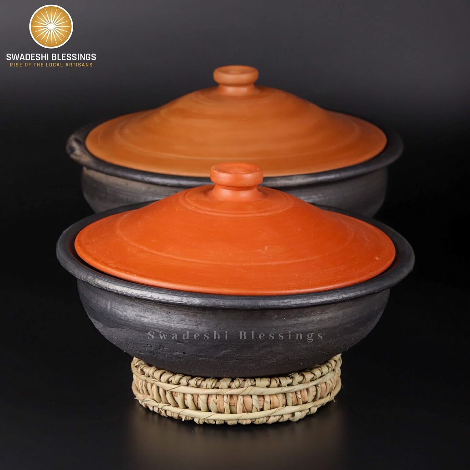 Swadeshi Blessings Exclusive Range Unglazed Earthen Pots/Clay Kadai for Cooking & Serving with Lid, (Stone Polished for Mirror Finish) + Free ASH for Cleaning (2 Liters)