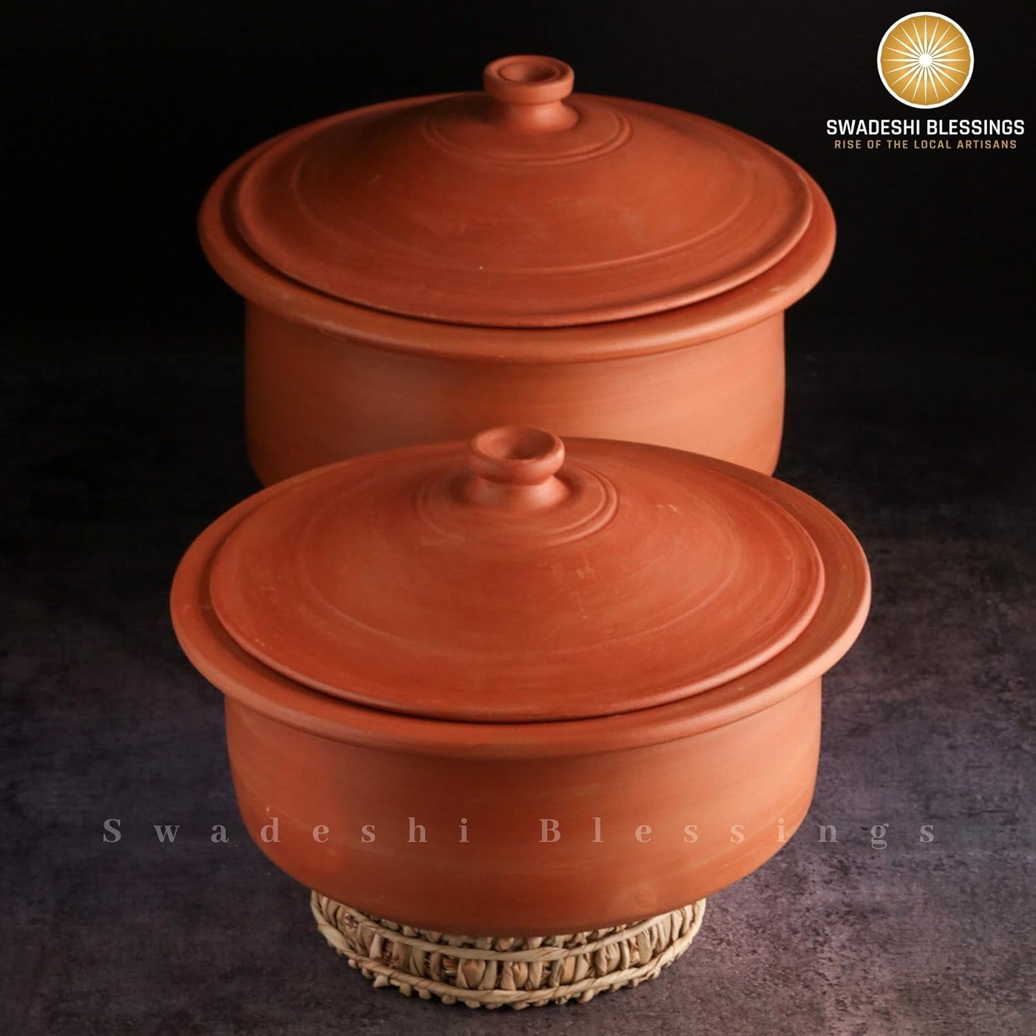 Unglazed Clay Handi/ Handmade Earthen Kadai/ Mud Handi/ Mitti Ke Bartan/ Clay Pot for Cooking & Serving with Lid, (with Mirror Shine) + Free ASH for Cleaning