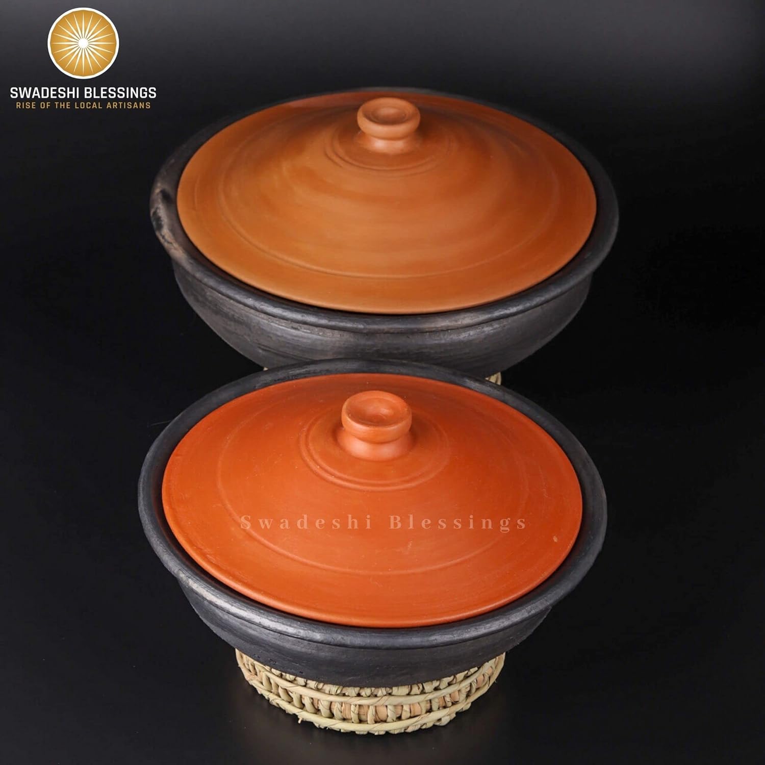 Swadeshi Blessings Exclusive Range Unglazed Earthen Pots/Clay Kadai for Cooking & Serving with Lid, (Stone Polished for Mirror Finish) + Free ASH for Cleaning (2 Liters)