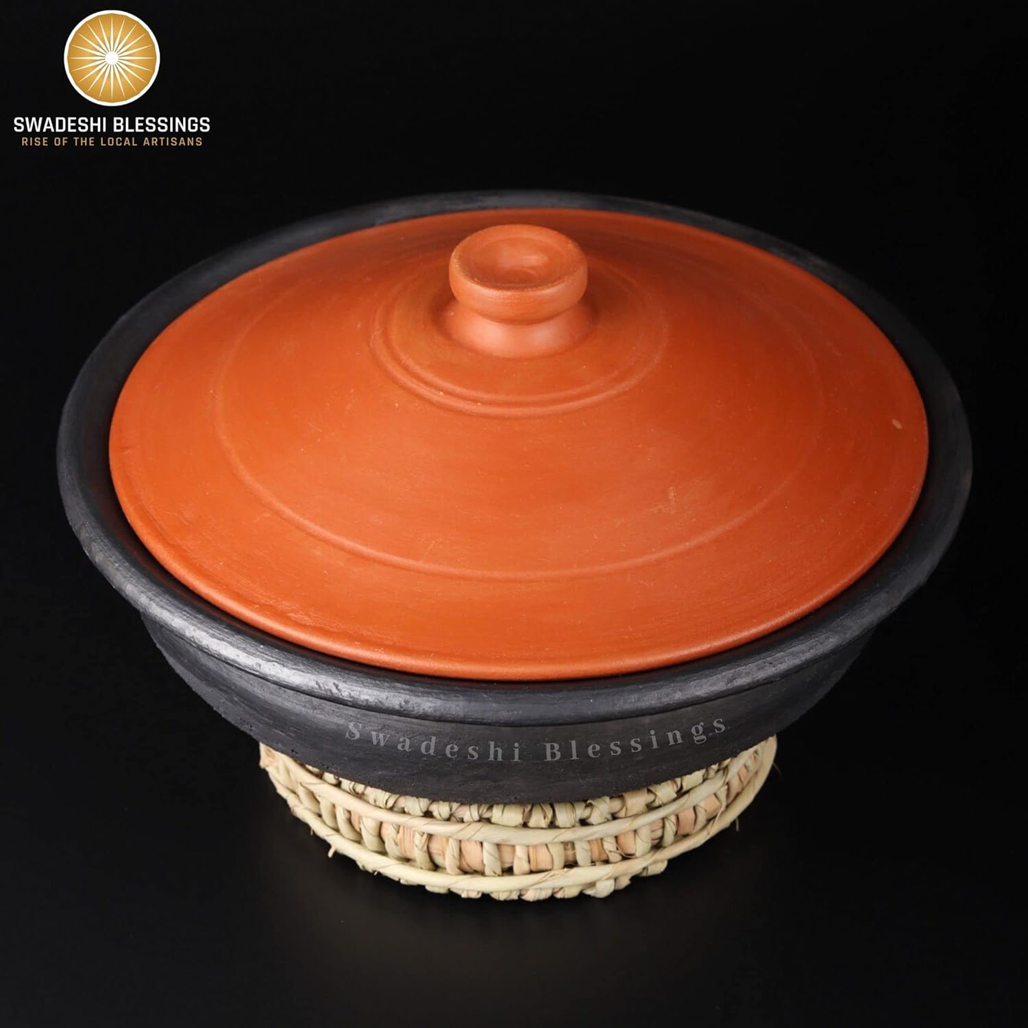 Swadeshi Blessings Exclusive Range Unglazed Earthen Pots/Clay Kadai for Cooking & Serving with Lid, (Stone Polished for Mirror Finish) + Free ASH for Cleaning (2 Liters)