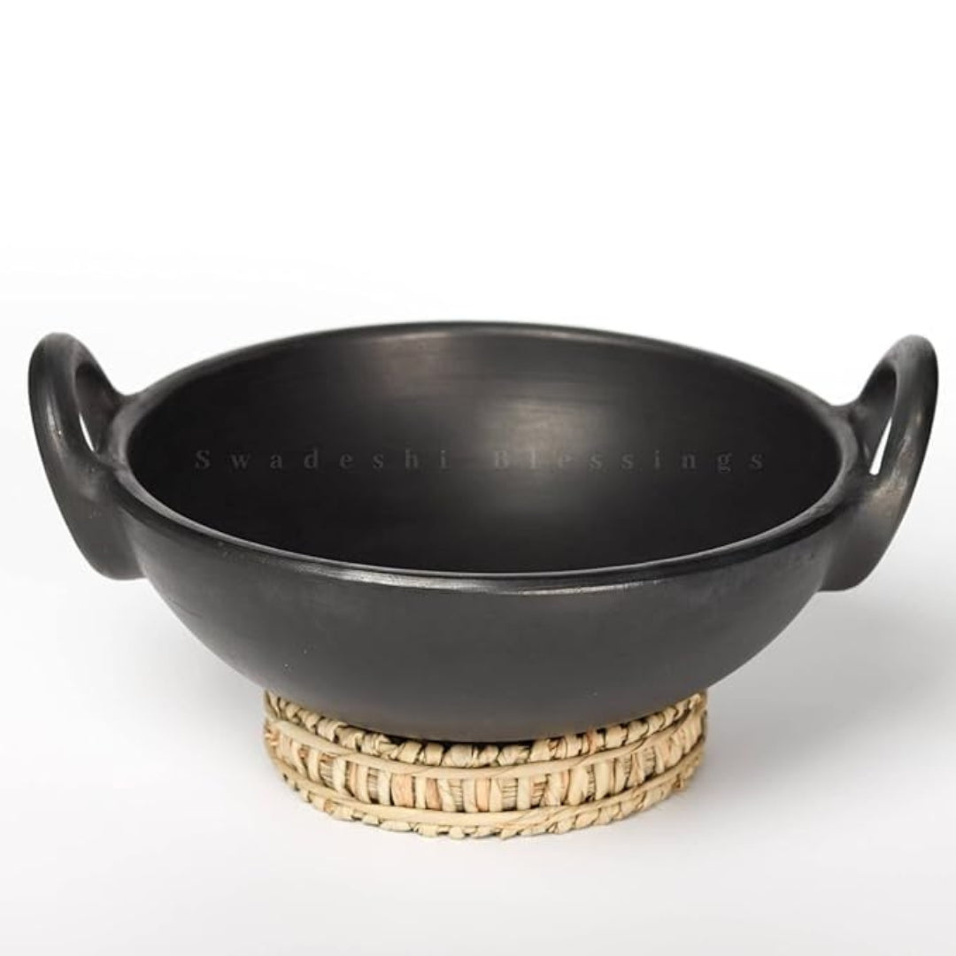 Unglazed Clay Handi / Earthen Kadai / Clay Kadai Combo for Cooking & Serving – 1.8L Black & 1.8L Red (Natural Firing Shade & Mirror Shine) + FREE Ash for Cleaning